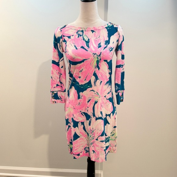 Lilly Pulitzer Dresses & Skirts - Lilly Pulitzer Sophia Dress Tidal Wave Pan's Garden Pink Teal 3/4 Sleeve XS